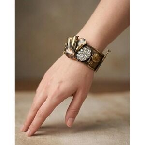 VTG Sculptural Modernist Hinged Locking Cuff Bracelet Bangle Statement Brass